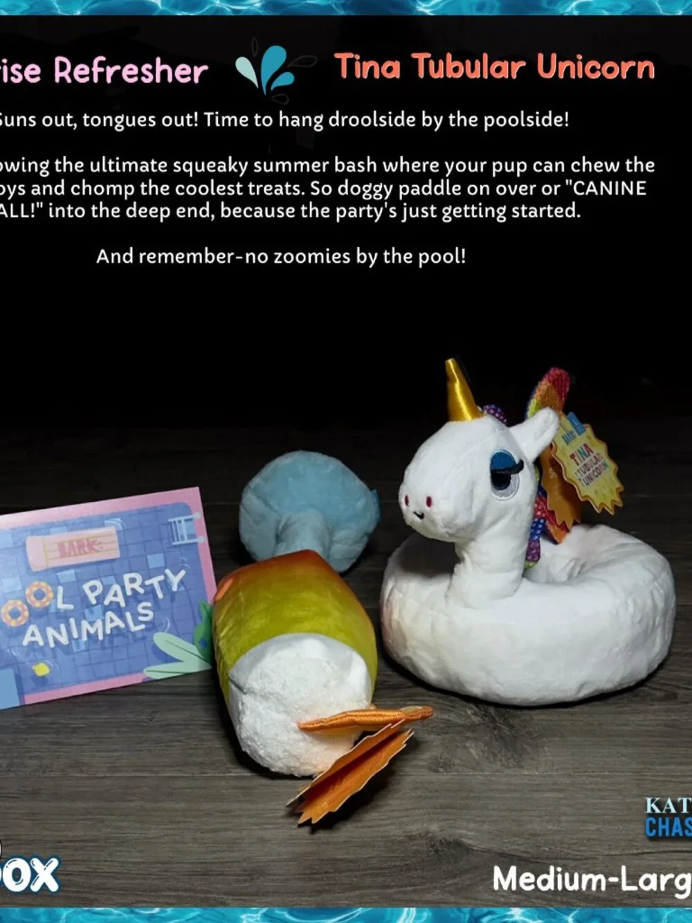 Bark Box Tina The Tubular Unicorn & FUNRISE REFRESHER Mimosa Pool M-L Dog Toy